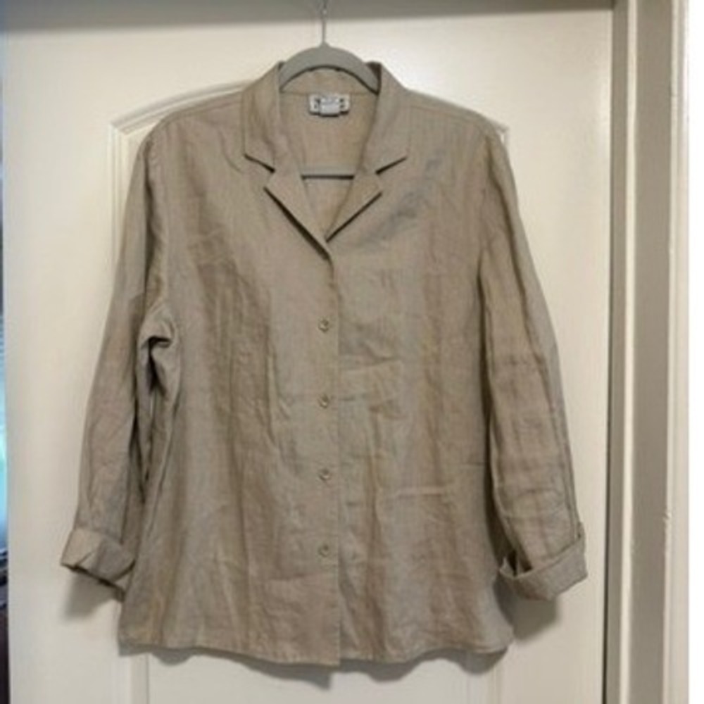 Style & Co Collection Women Tan 100% Linen Button Down Shirt Blouse Size 14